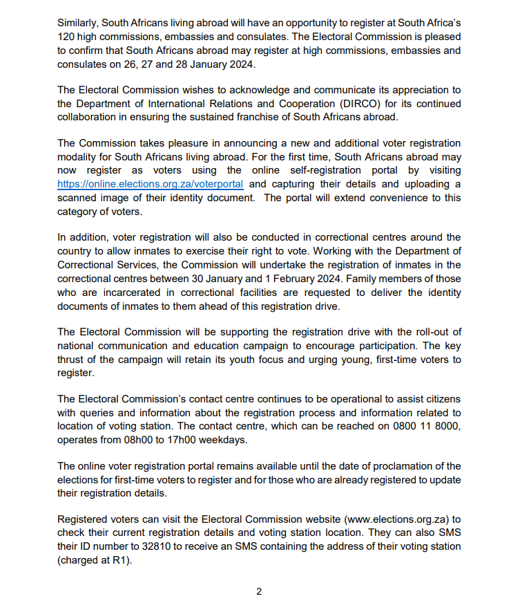 IECSouthAfrica's tweet photo. [Media Statement]  Date set for second and final Voter Registration Weekend for South Africa’s 2024  NP Elections

The Electoral Commission announces the dates for the second &amp; final voter registration weekend ahead of the 2024 National and Provincial Elections. https://t.co/drs5kYPig4