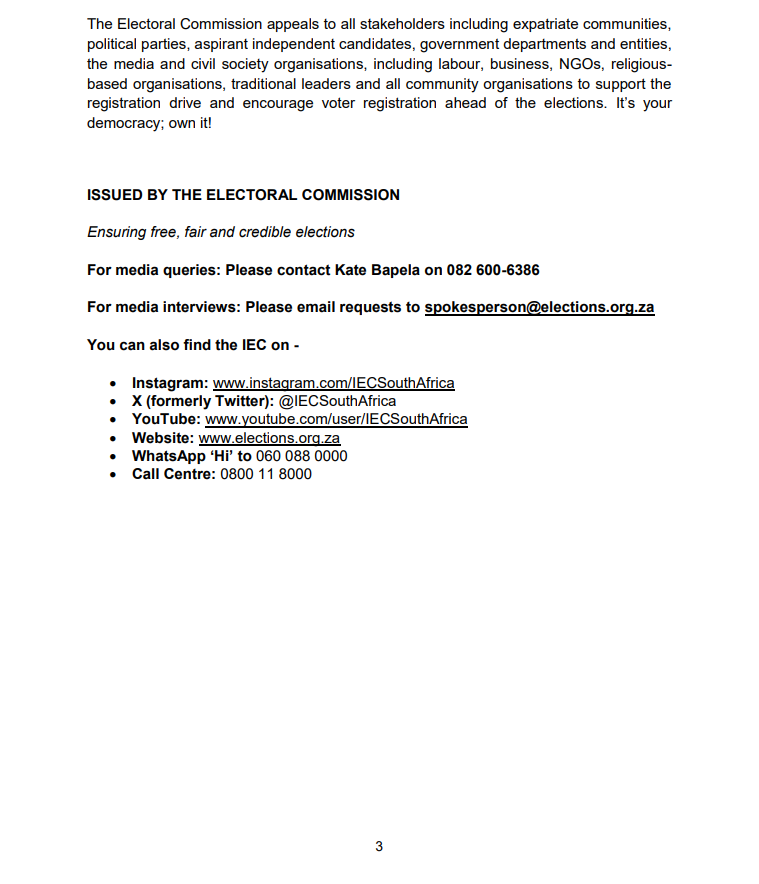 IECSouthAfrica's tweet photo. [Media Statement]  Date set for second and final Voter Registration Weekend for South Africa’s 2024  NP Elections

The Electoral Commission announces the dates for the second &amp; final voter registration weekend ahead of the 2024 National and Provincial Elections. https://t.co/drs5kYPig4