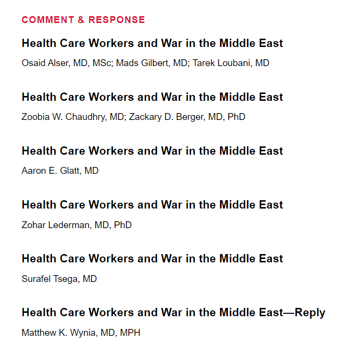 Collection of response letters addresses the recent Viewpoint “Health Professionals and War in the Middle East.” The author of the Viewpoint also responds.

ja.ma/3TesIj4