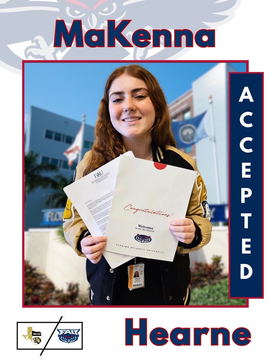 Congratulations to @IrvingHigh student & @IrvingISD student influencer, MaKenna, on her acceptance to @FloridaAtlantic! We are #AVID proud! #futureowl #tigernation #texastornadodesigns #classof2024