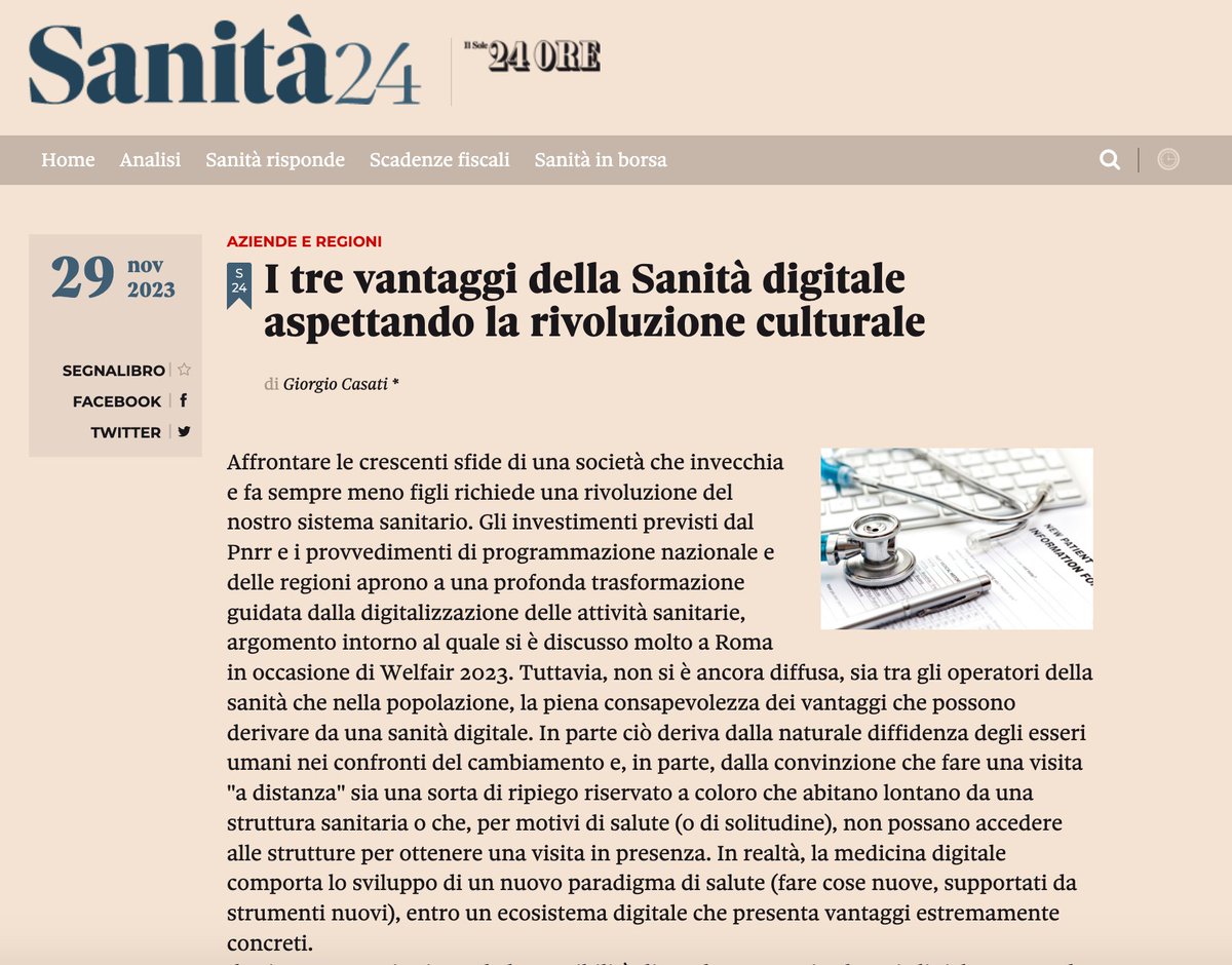 ASL Roma 2 (@aslrm2) on Twitter photo La medicina digitale comporta lo sviluppo di un nuovo paradigma di salute (fare cose nuove, supportati da strumenti nuovi), entro un ecosistema #digitale che presenta vantaggi estremamente concreti.
L'articolo del nostro DG #GiorgioCasati su <a href="/sole24ore/">IlSole24ORE</a>
👉s24ore.it/6netGw La medicina digitale comporta lo sviluppo di un nuovo paradigma di salute (fare cose nuove, supportati da strumenti nuovi), entro un ecosistema #digitale che presenta vantaggi estremamente concreti.
L'articolo del nostro DG #GiorgioCasati su <a href="/sole24ore/">IlSole24ORE</a>
👉s24ore.it/6netGw