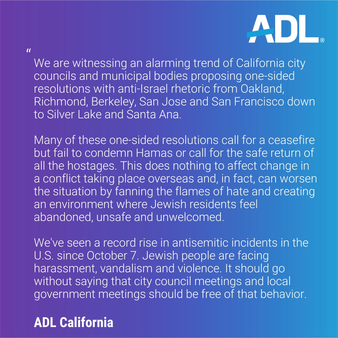 Not only do these one-sided resolutions sow fear in the Jewish community but they encourage extremists to co-opt public comment period at local government meetings. Check out this ADL toolkit for responding to these kind of extremist disruptions: tinyurl.com/38andze4