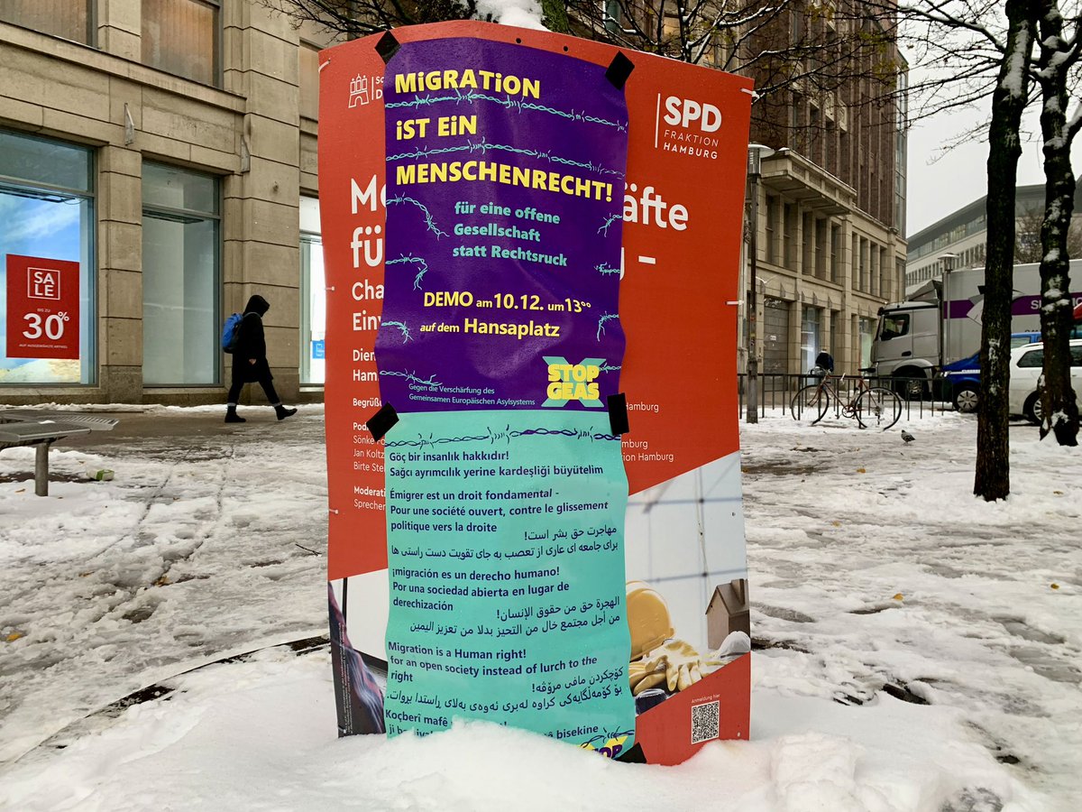 »Migration ist ein Menschenrecht! Für eine offene Gesellschaft statt Rechtsruck.« Kommt alle zur Demo am Sonntag, 10.12. um 13 Uhr zum Hansaplatz in #Hamburg gegen die Verschärfung des Gemeinsamen Europäischen Asylsystems! <a href="/stopgeas/">Stopgeas</a> #StopGEAS #HH1012
