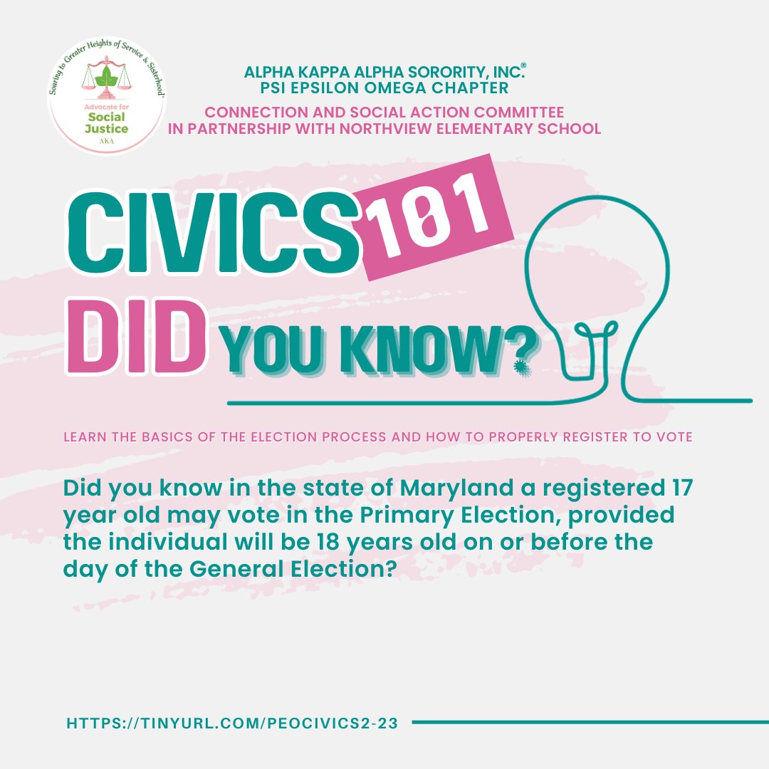 AKA_PEO1908's tweet photo. In MD, 17 year olds who will be 18 on or before a general election may vote in a primary if they're registered.

Join @AKA_PEO1908 and Northview Elementary for a FREE #Civics course for residents.

Visit https://t.co/Hj8poZh1nw to register!

#AKA1908 #NAR1908 #PEOStrong #PEOVotes https://t.co/ApZHr0b7jf