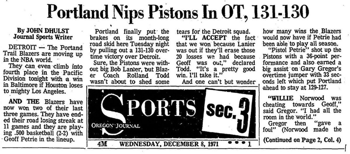 77Blazers's tweet photo. Dec 7 1971 - #JimmyWalker scored a career-high 44 pts but @GeoffPetrie scored 36 as @trailblazers defeat @DetroitPistons in OT
Walker played college w/@PCAthletics & was 1st pick in 1967 @NBA Draft. A 2-time All-Star, Walker played 9 yrs & avg 16.7 pts
#RipCity https://t.co/AmroZhYj6t