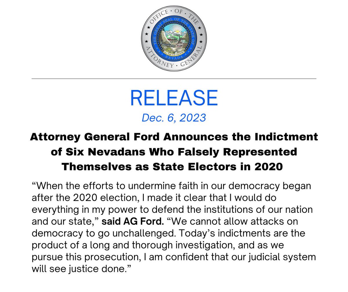 Today, Nevada Attorney General Aaron D. Ford announced that six Nevadans have been indicted due to their actions in the aftermath of the 2020 presidential election.