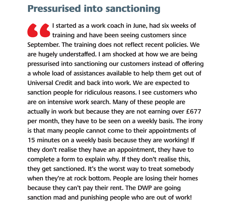 BenClaimant's tweet photo. "The DWP are sanction mad." This work coach, who has had just six weeks training, says they are being pressurised into sanctioning people. Incredibly, some claimants are being sanctioned because they cannot attend appointments as they clash with work! 🤬

https://t.co/F86AMR42iG https://t.co/YeBrcLuMGg