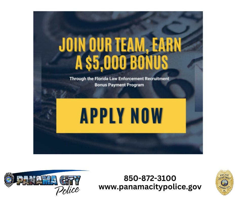 PanamaCityPd's tweet photo. You can earn up to a $5,000 bonus for becoming a member of our team. The Panama City Police Department is an Equal Opportunity Employer ... https://t.co/p62KCbe4iX #KeepPCSafe https://t.co/I3Rve4z4cG