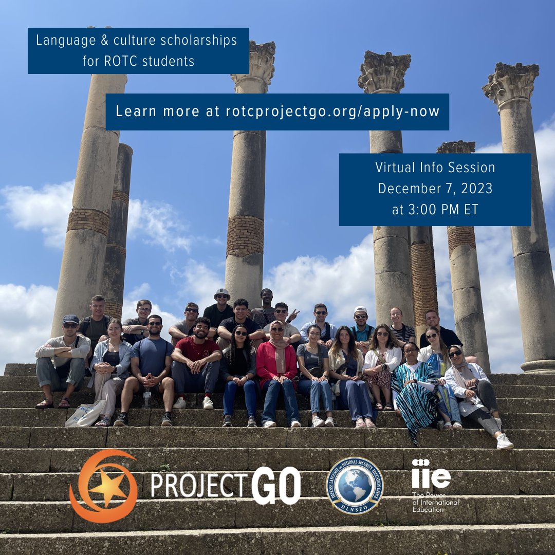 iulangworkshop's tweet image. Get those questions ready. The last Project GO Webinar for applicants in 2023 is tomorrow, Thursday, December 7, at 3 PM ET!

Register for the webinar below:
rotcprojectgo.org/apply-now

#applyprojectgo #rotc #iulw23 #iulanguageworkshop #hls #hamiltonlugarschool #iubloomington
