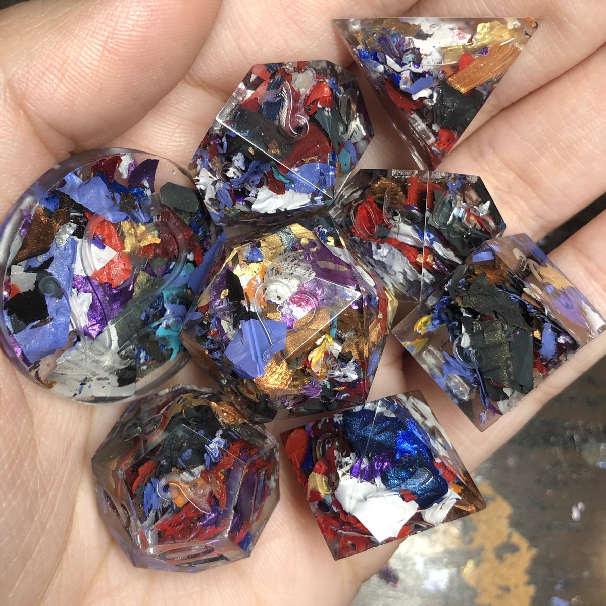 HealersHug's tweet photo. Paint dice? Pallet dice? Not sure what to call these yet but there will probably be more in the future. 
#handmadedice #dice #diceset #dnd #ttrpg #dungeonsanddragons #dicemaking #dicegoblin https://t.co/Ng5KyH9yio