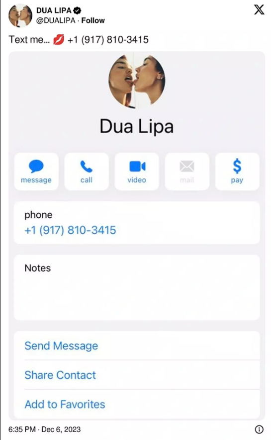 Dua Lipa telefon numarasını paylaştı!
#DuaLipa