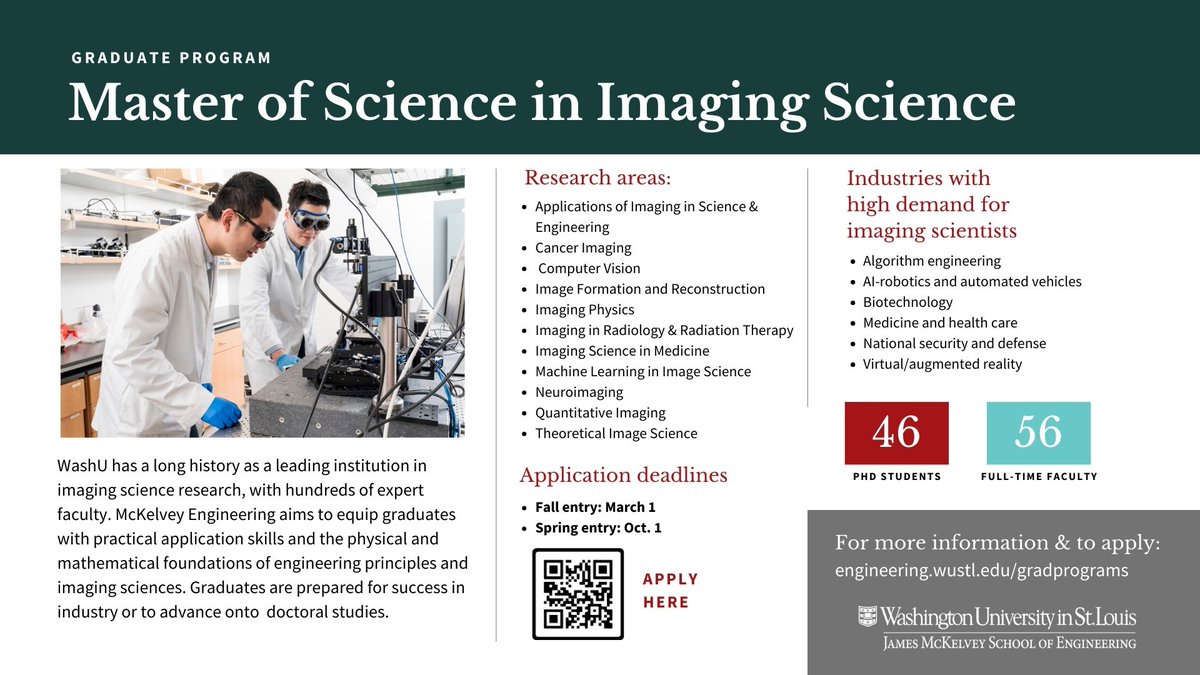 Are you interested in pursuing #graduate studies in Imaging Science? Apply to our new MS Program offered by the @WashUengineers @WUSTL. This 2-year MS program aims to prepare graduates for success in industry or to further advance their studies at the doctoral level.