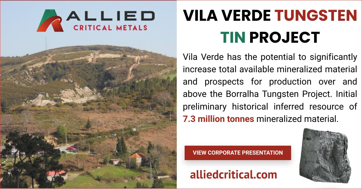 Vila Verde has the potential to significantly increase total available mineralized material and prospects for production over and above the Borralha Tungsten Project. 

View Corporate Deck - alliedcritical.com/wp-content/upl…

#tungsten #portugal #mining #tin #wo3