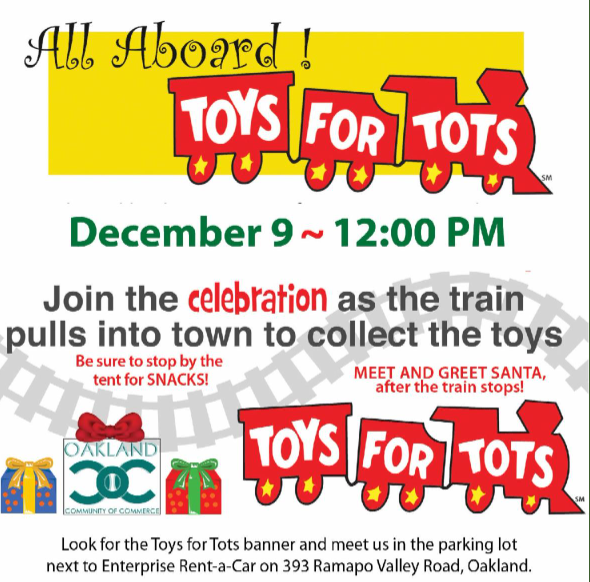 Saturday December 9, 12N, the Toys for Tots Train is coming through town. Bring your unwrapped new toys, have a snack at the Tent and meet and greet Santa!
#oaklandnj