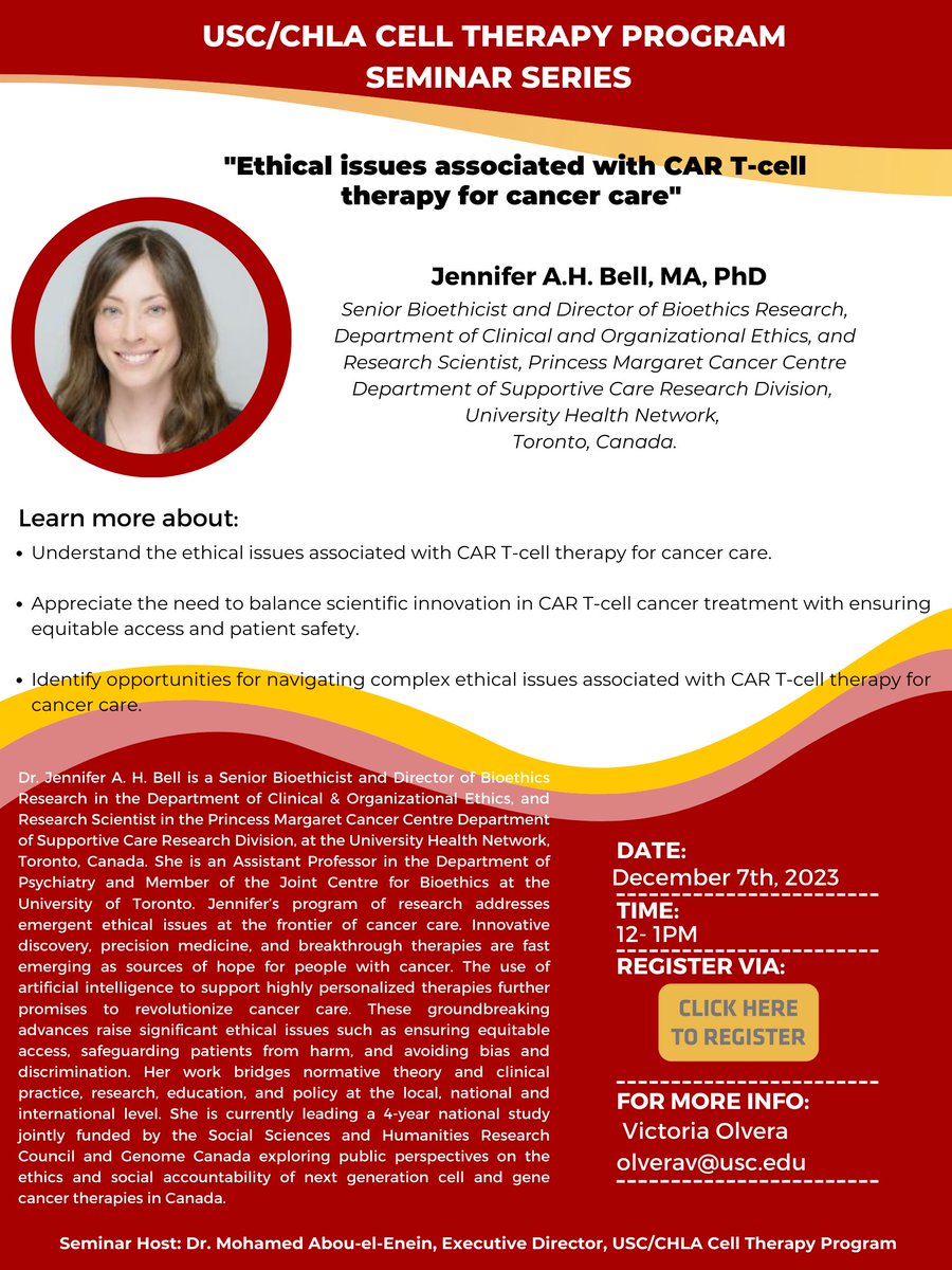 Have you registered for our monthly Cell Therapy Seminar, It's tomorrow: usc.zoom.us/meeting/regist…
Dr. Jennifer Bell will share with us more about Ethical issues associated with CAR T-cell therapy for cancer care.
See you there!!! Dec 7, 12-1 pm (PT) #celltherapy #bioethics