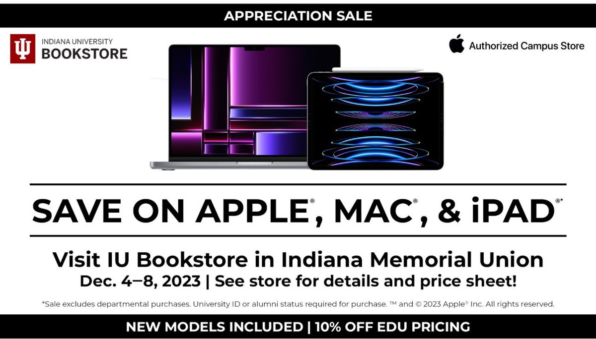 Apple Appreciation Sale <a href="/IUBookstore/">IUBookstore</a> through this Friday! Save 10% on MacBooks and iPads. Shop now for the perfect holiday gift idea! Iubookstore.com 
<a href="/IUBloomington/">IU Bloomington</a> @OfficialIMU