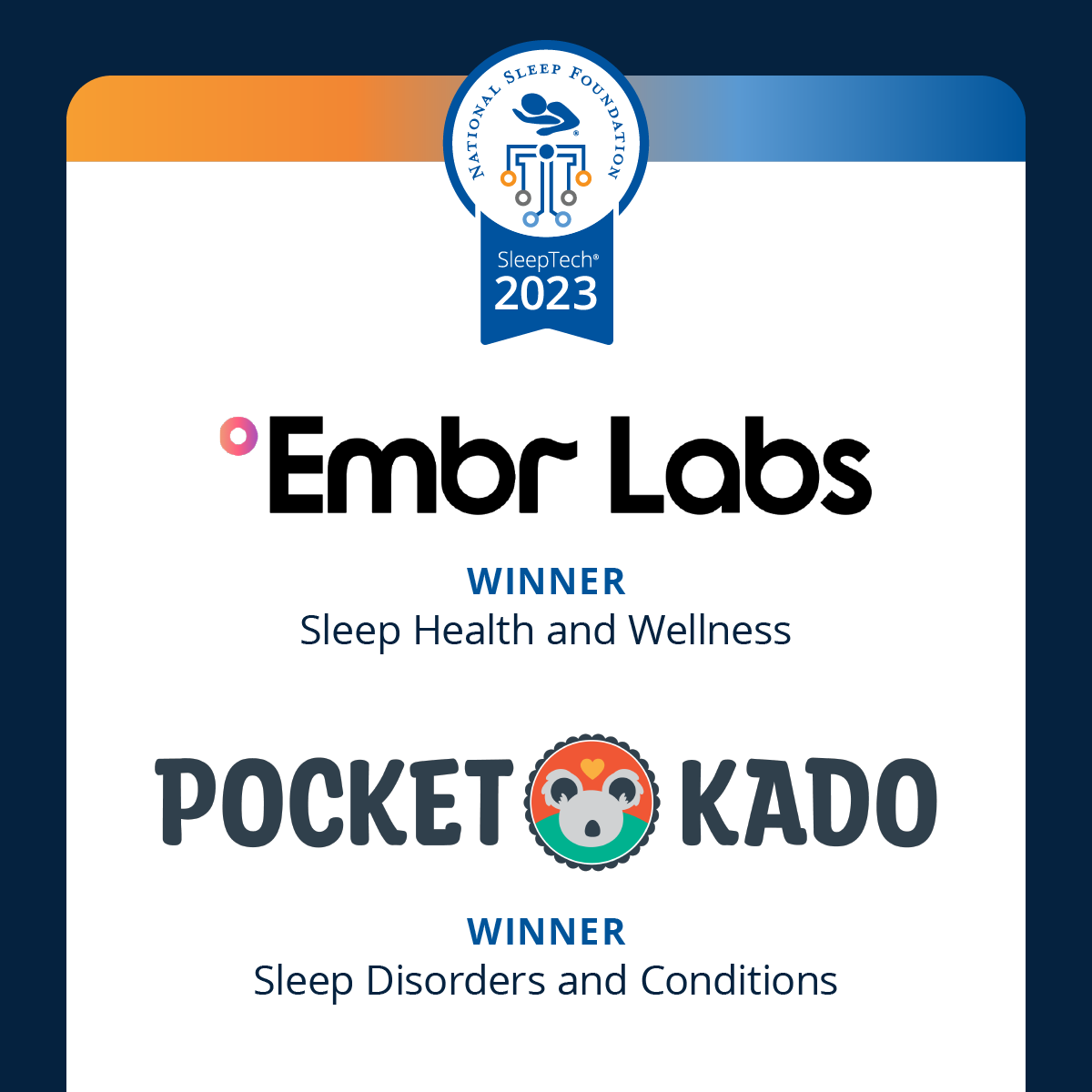 sleepfoundation's tweet photo. NSF is proud to announce the winners of the National Sleep Foundation’s 2023 SleepTech® Award. Read more to learn about @Embrlabs  and Pocket Kado's  products that use innovative efforts in advancing sleep technology. https://t.co/uDIzqnw3gG https://t.co/bo0vPst9p0