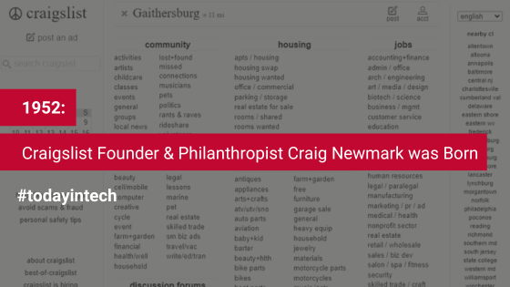 netterrain's tweet photo. #OnThisDayinTech 1952, Craig Newmark, the man behind craigslist and an esteemed philanthropist, was born. His journey from programmer to founder of #craigslist revolutionized classifieds & the sharing economy.
#HappyBirthdayCraigNewmark #TodayinTech #craigslist #craignewmark https://t.co/sXLOrA6Qgd