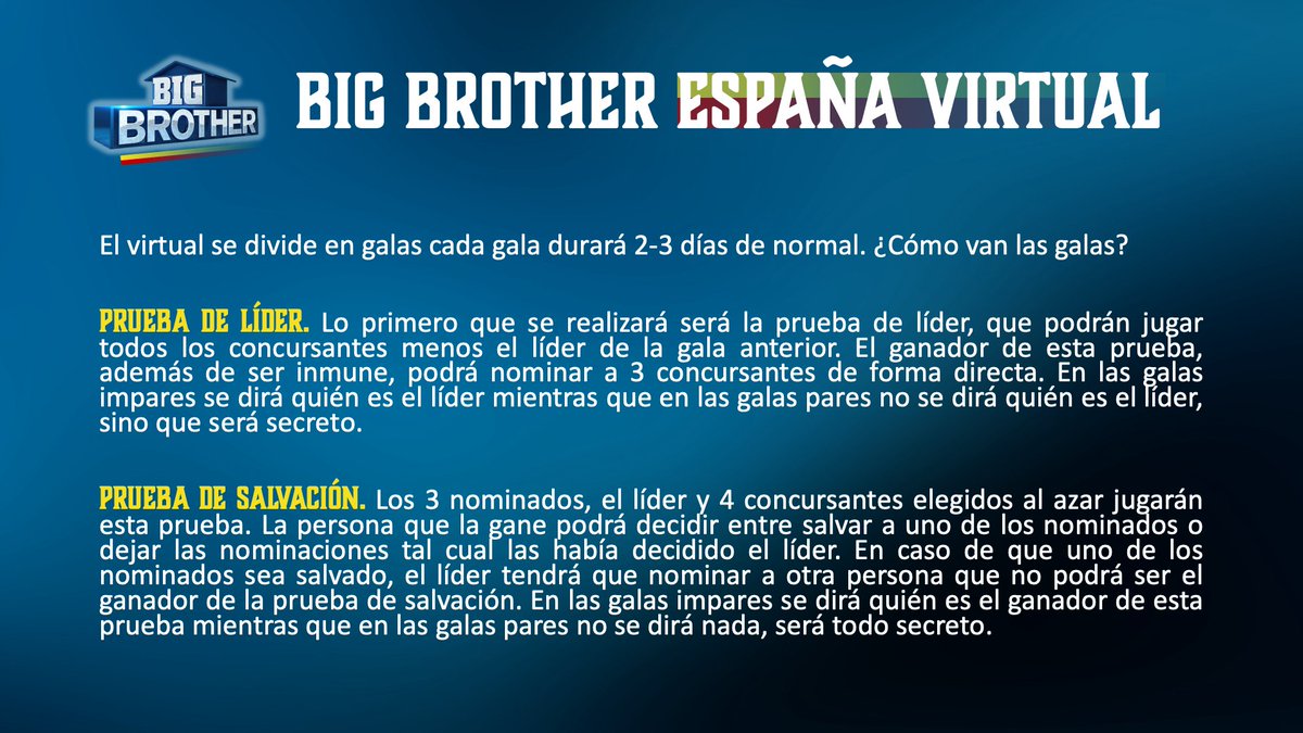 BigBrotherV4's tweet photo. ¡Bienvenidos a Big Brother 🇪🇸 Virtual!

CASTING ➡️ https://t.co/oOfPkVB9EG

¡𝗦𝗶 𝗾𝘂𝗲𝗿𝗲́𝗶𝘀 𝗽𝗮𝘀𝗮𝗿 𝘂𝗻 𝗯𝘂𝗲𝗻 𝗿𝗮𝘁𝗼 𝗻𝗼 𝗱𝘂𝗱𝗲́𝗶𝘀 𝗲𝗻 𝗮𝗽𝘂𝗻𝘁𝗮𝗿𝗼𝘀!

MECÁNICA ⬇️ 
*Más info en el estreno https://t.co/8s9pyQgVxI