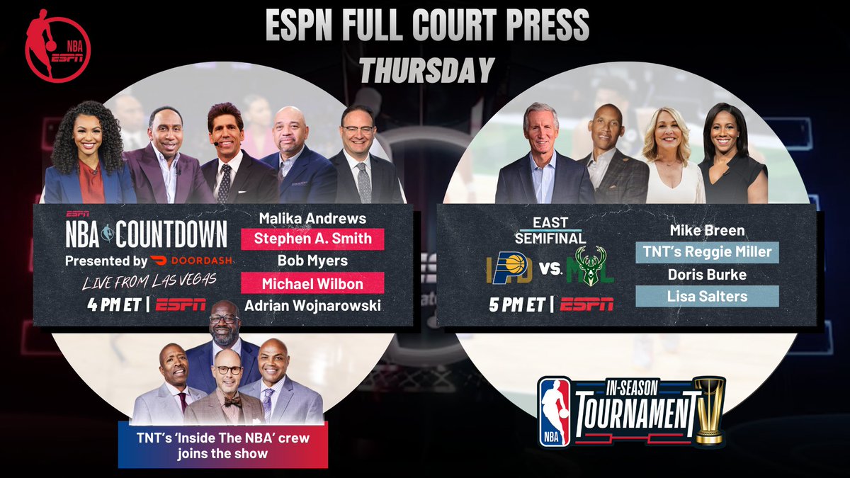 ESPNPR's tweet photo. Thursday, ESPN presents an @NBA crossover event

@ESPNNBA teams up with @NBAonTNT for the inaugural NBA In-Season Tournament Semis

🏀 4p ET | NBA Countdown feat. the 'Inside the NBA' crew

🏀 5p ET | #BoomBaby vs #FearTheDeer
🎙 Mike Breen, @ReggieMillerTNT, @heydb, @saltersl https://t.co/Mkn0wDYLRD