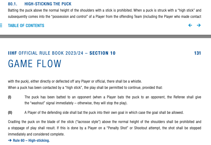 JonoBullard's tweet photo. Screenshot of high-sticking rule below. 
Puck went in off Batch's hand. Play isn't whistled dead until it is played by a member of the same team or goes straight into the net. Batch played the puck and as an opposing player, the play was still live so good goal. 
Refs spot-on. https://t.co/dzABeCFymK