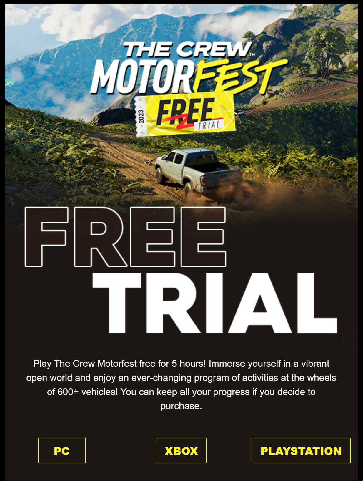 5-Hour Free Trial of The Crew Motorfest on PC, Xbox, and PS