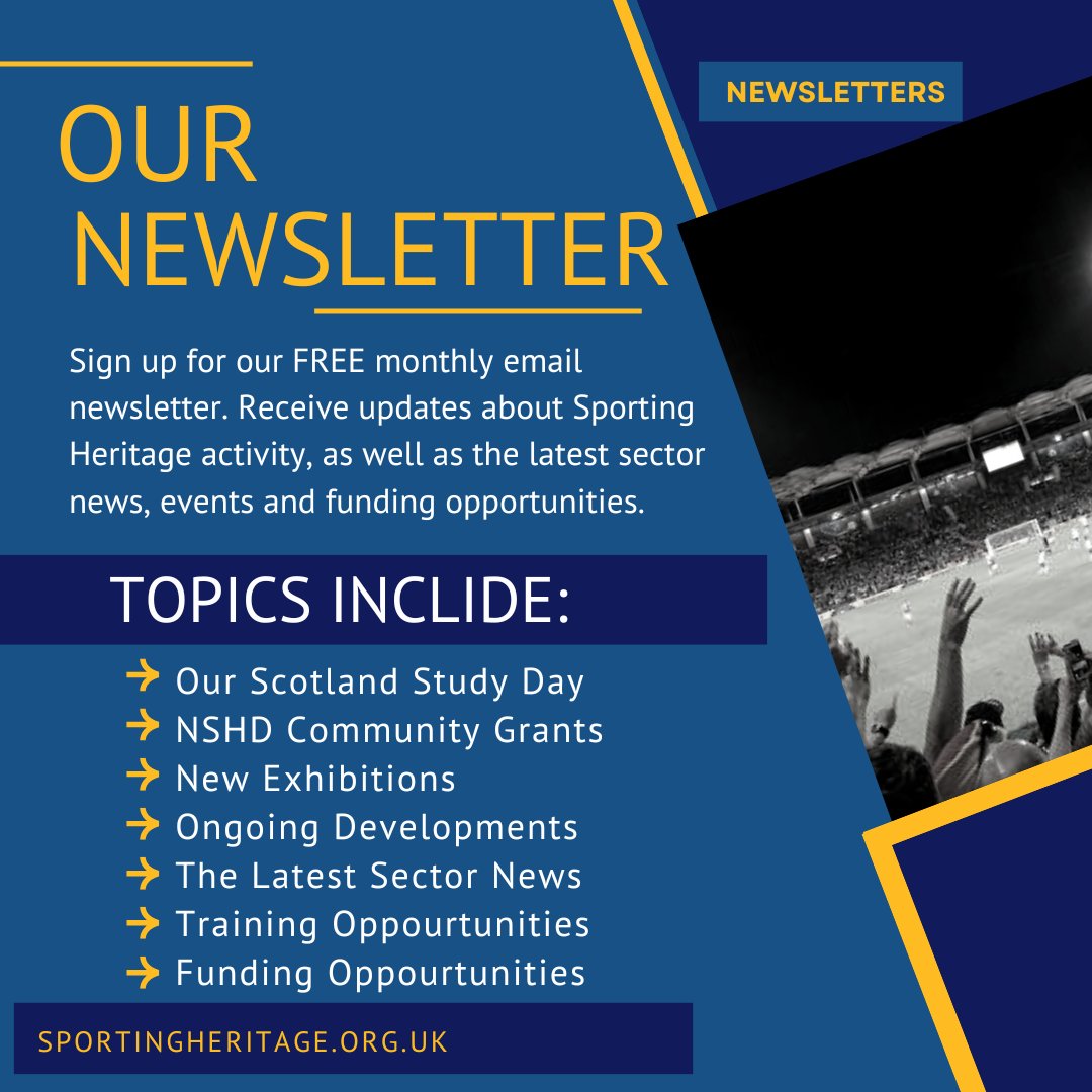 sportinghistory's tweet photo. Sign up for our free monthly email newsletter to receive updates about sporting heritage activity as well as the latest sector news, events, and funding opportunities.

Not forgetting information relevant to sporting heritage, such as details of collections, events, and exhibitions.

Sign up here: https://t.co/rtnZbR0xhs

#sportingheritage #newsletter #sportsfans