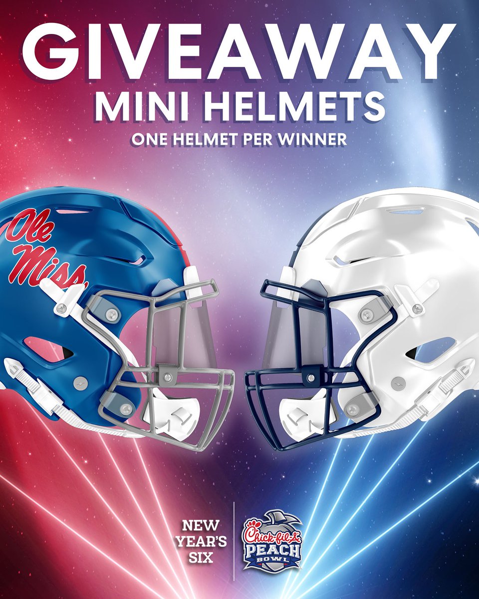 Chick-fil-A Peach Bowl (@cfapeachbowl) on Twitter photo We'll pick one <a href="/OleMissFB/">Ole Miss Football</a> and <a href="/PennStateFball/">Penn State Football</a> fan to win their team's mini helmet and a 🆓 <a href="/ChickfilA/">Chick-fil-A, Inc.</a> sandwich! 🤤
To enter:
1️⃣ Follow us
2️⃣ Repost
3️⃣ Reply with who you're cheering for
#CFAPeachBowl | #HottyToddy vs. #WeAre We'll pick one <a href="/OleMissFB/">Ole Miss Football</a> and <a href="/PennStateFball/">Penn State Football</a> fan to win their team's mini helmet and a 🆓 <a href="/ChickfilA/">Chick-fil-A, Inc.</a> sandwich! 🤤
To enter:
1️⃣ Follow us
2️⃣ Repost
3️⃣ Reply with who you're cheering for
#CFAPeachBowl | #HottyToddy vs. #WeAre