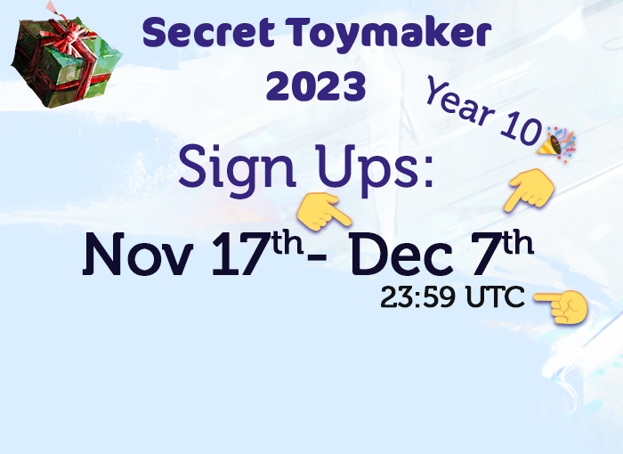 LAST HOURS ARE UPON US

#SecretToymaker2023 sign-ups are closing in fast 24 hours 😱

If you enjoy giving gifts 🎁 and <a href="/GuildWars2/">Guild Wars 2</a> 🐉 this is an event you don't want to miss 👀

Read more  and join ✍️ while you can at secrettoymaker.com