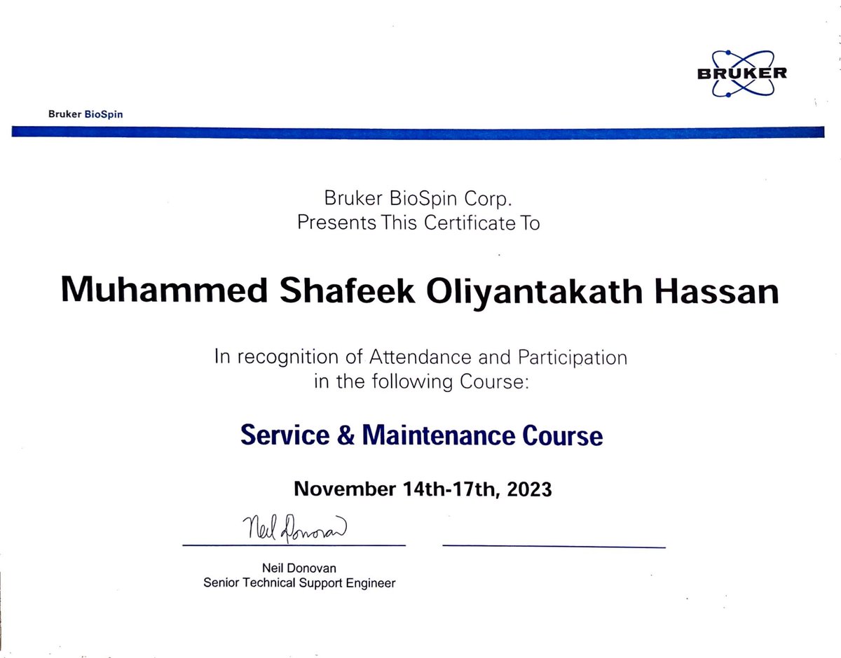 Exciting news! 🌟 Completed a 4-day Bruker AVANCE (III-NEO) NMR  spectrometer service &amp; maintenance course. Thanks to  <a href="/uarizona/">University of Arizona</a>  &amp; <a href="/bruker/">Bruker</a>  for the opportunity! 🙏 Explored NMR  hardware intricacies &amp; advanced troubleshooting. Ready to  contribute! #NMR