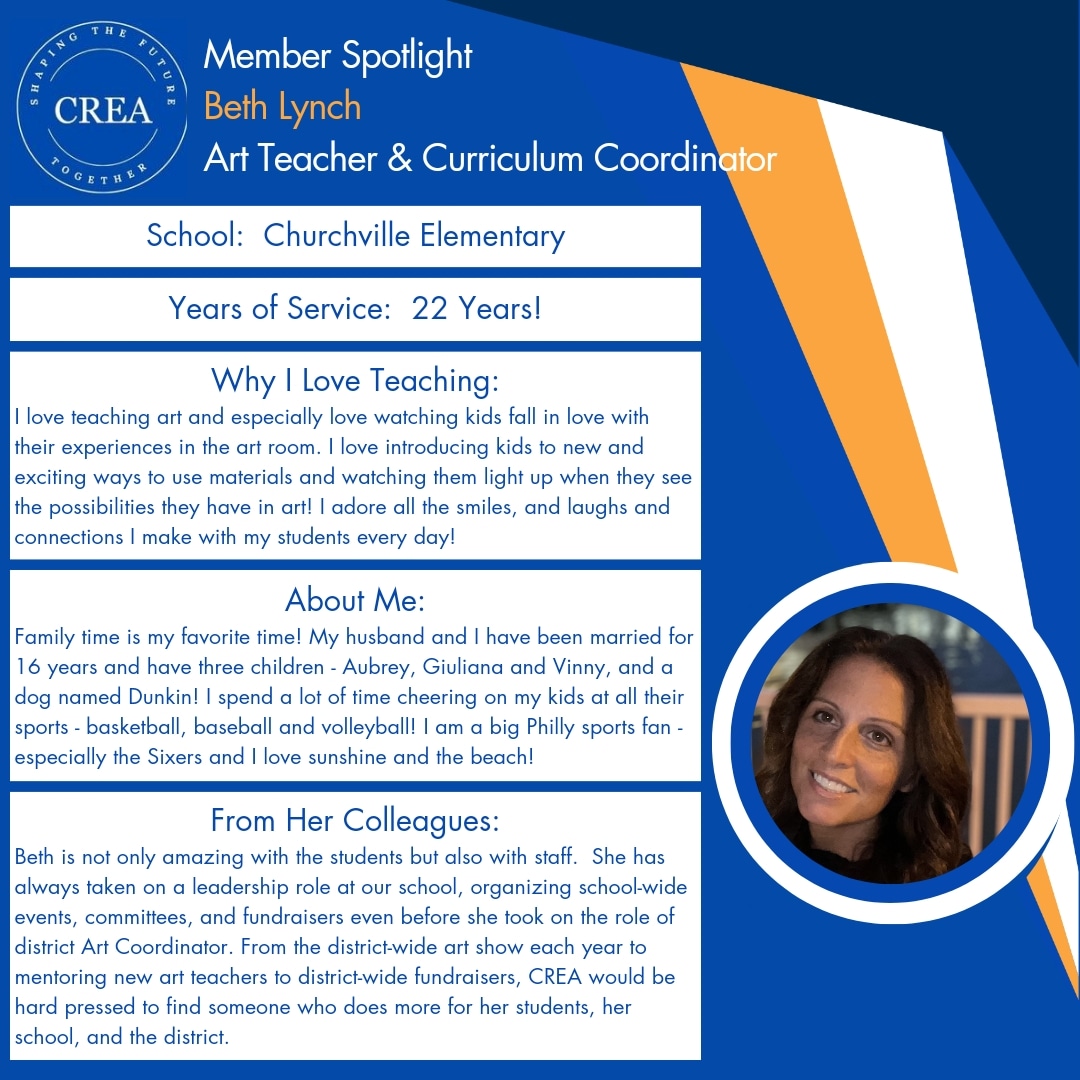 CouncilRockEA's tweet photo. For this week's Member Spotlight, the Council Rock Education Association honors the work of Beth Lynch. https://t.co/sV5tfjLYOq