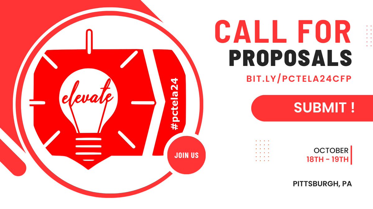 Still reminiscing about #PCTELA23 or #NCTE23? Submit a proposal to present virtually or in-person for #PCTELA24! Deadline is 3/15/24. Call for proposals is now open! @ncte @ILAToday @KeystonesPA @PTACVoice @OCTELA bit.ly/PCTELA24CFP