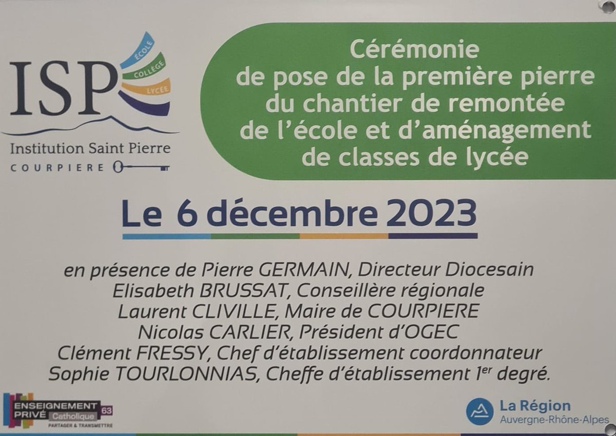 EBrussat's tweet photo. Pose de la 1ère Pierre au Lycée ISP @auvergnerhalpes de #Courpiere un lieu chargé d’histoire où le caractère architectural sera conservé tout en respectant les normes environnementales. #St Pierre ➡️vers l’excellence « Continuez à être ce que vous êtes » @laurentwauquiez https://t.co/XPMuBIJVDI