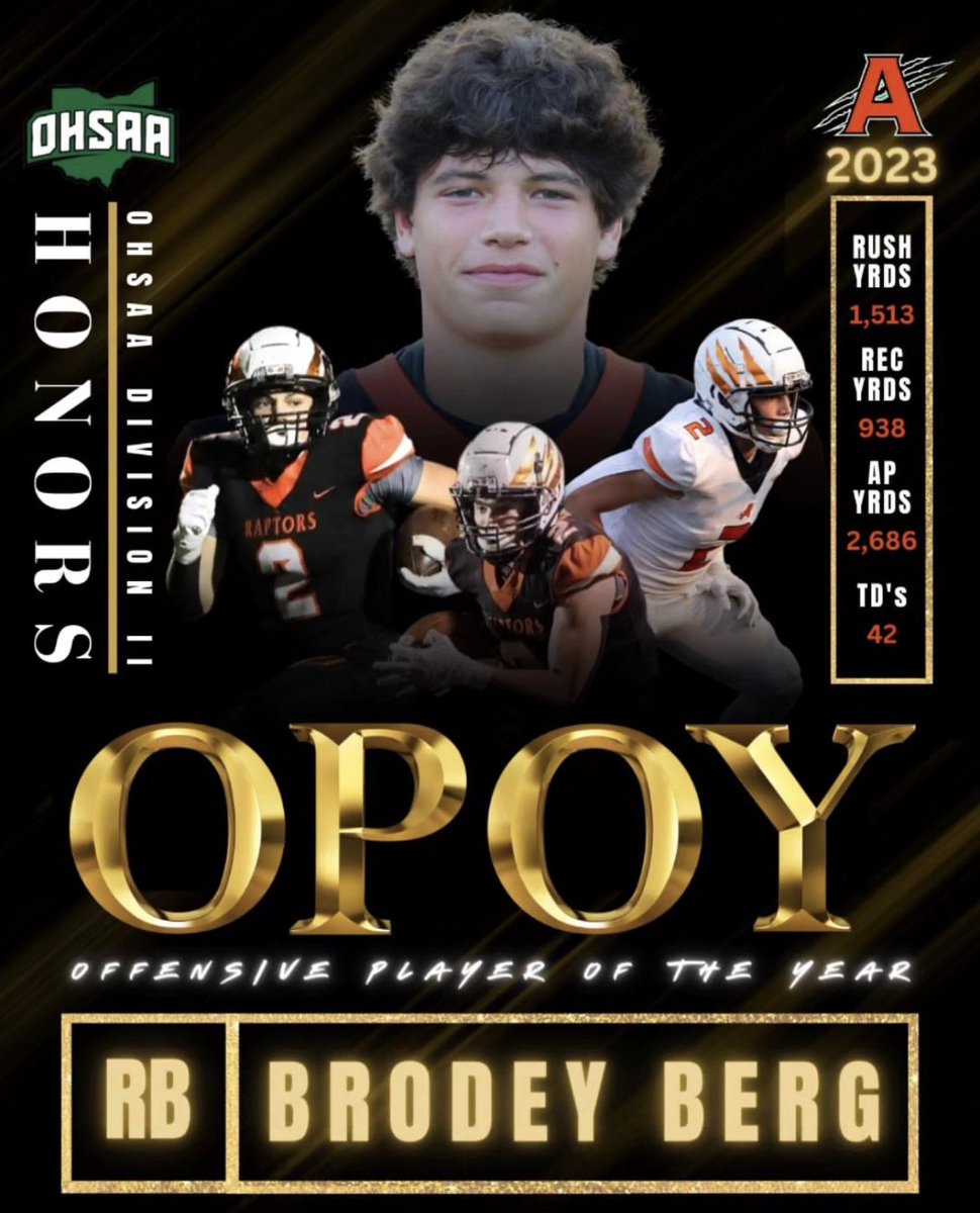 Congrats to Brodey Berg!! Thank you for Chasing Greatness!! We loves your effort and commitment to consistent improvement!! We can’t to watch you!! #RuntheBall #LegionofBoom #BGSU7v7Champ #ECCPlayeroftheYear #DistrictPlayeroftheYear