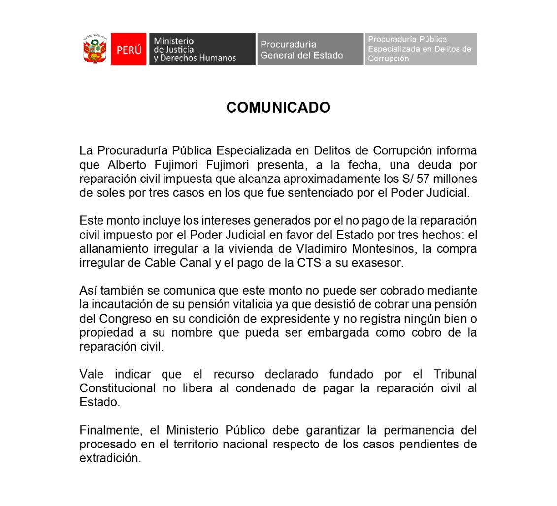 La noticia no son los S/ 57 millones que Alberto Fujimori debe en reparación civil, sino la inoperancia e inutilidad de la Procuraduría Anticorrupción para cobrarle al dictador.