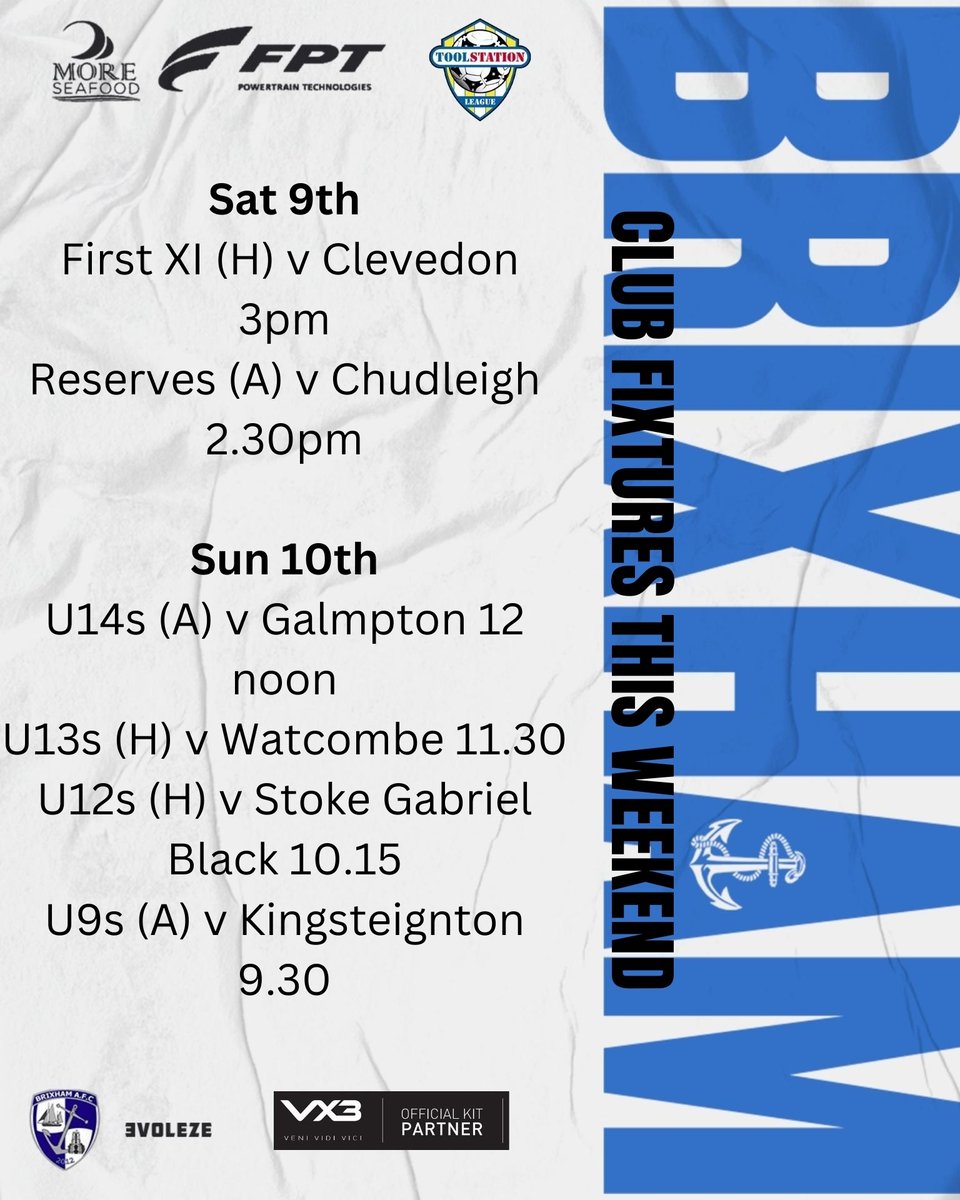 Our club fixtures this weekend 💙🤍💙🤍 'BLUE ARMY' @moreseafood @PumpTechLtd Breakwater Marine Engineering @fpt @BrixhamCasuals @Brixhamfishmkt @swsportsnews @TSWesternLeague 🐟🐟🐟