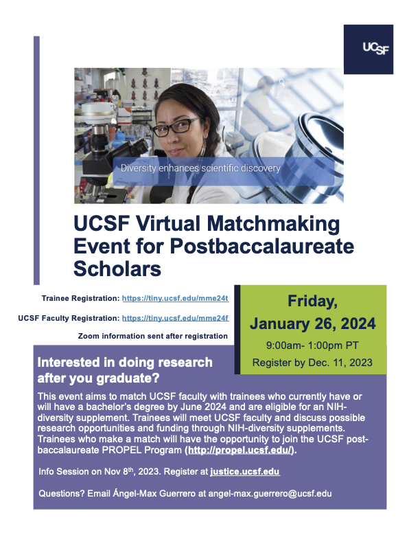 The deadline to sign up for the UCSF NIH Diversity Supplement Matchmaking Event is Dec 11. This is an excellent way for scholars at the post-baccalaureate career stage to find a paid research experience at UCSF!