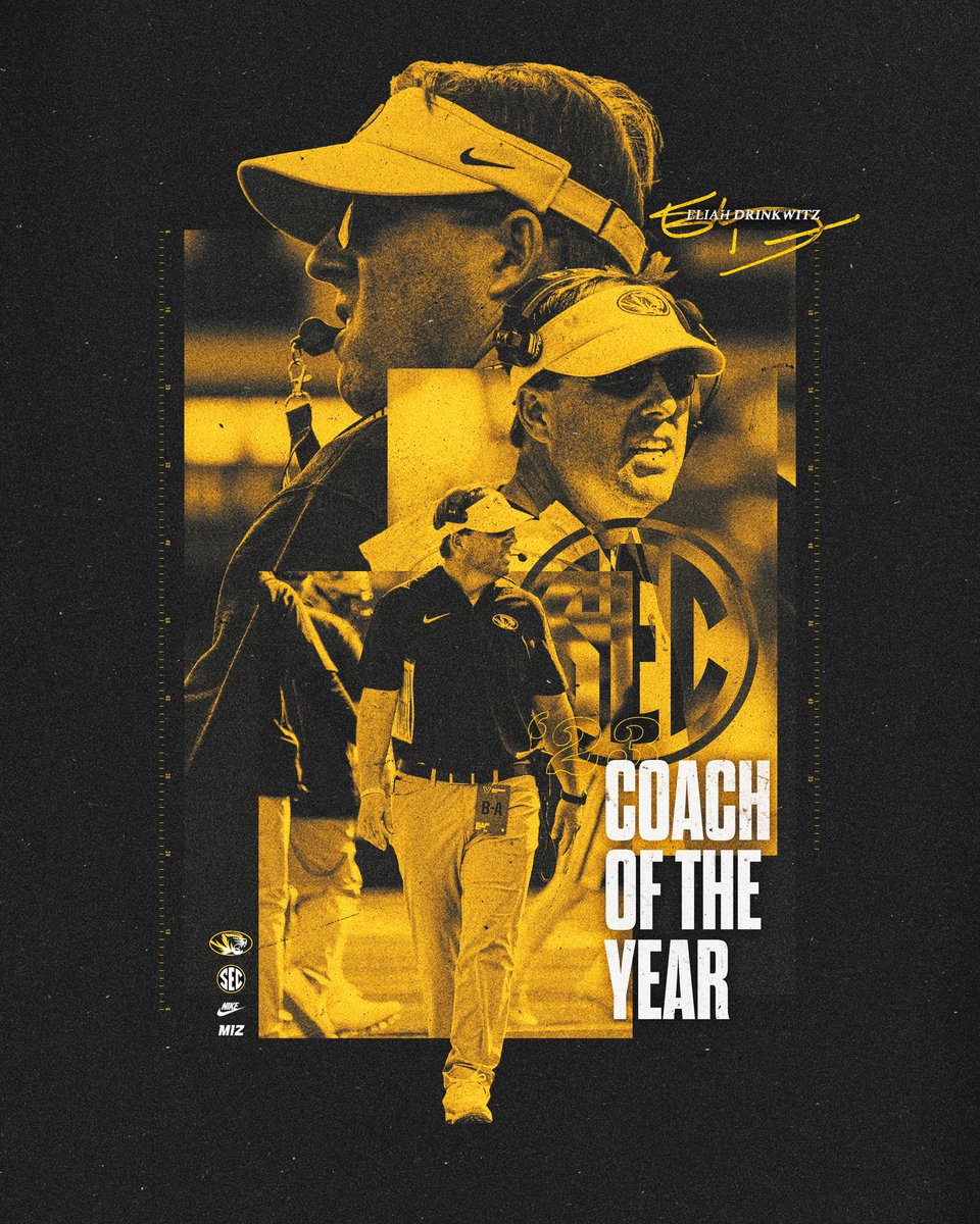 Mizzou Football (@mizzoufootball) on Twitter photo Our leader & @sec Coach of the Year <a href="/CoachDrinkwitz/">Eliah Drinkwitz</a> 🫡
10-2 Regular Season Record.
#9 <a href="/CFBPlayoff/">College Football Playoff</a> Ranking.
<a href="/CottonBowlGame/">Goodyear Cotton Bowl Classic</a> Invite.
<a href="/SEC/">Southeastern Conference</a> Coach of the Year.
#MIZ Our leader & @sec Coach of the Year <a href="/CoachDrinkwitz/">Eliah Drinkwitz</a> 🫡
10-2 Regular Season Record.
#9 <a href="/CFBPlayoff/">College Football Playoff</a> Ranking.
<a href="/CottonBowlGame/">Goodyear Cotton Bowl Classic</a> Invite.
<a href="/SEC/">Southeastern Conference</a> Coach of the Year.
#MIZ