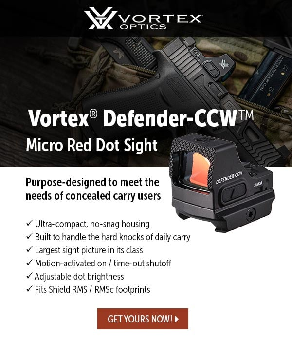 BrownellsInc's tweet image. Build to handle hard use while still providing a large sight picture! The @vortexoptics Defender is designed to meet the needs of CCW users and yours is waiting here: shorturl.at/tCMTV

#Brownells #vortexnation #vortexoptics #guns