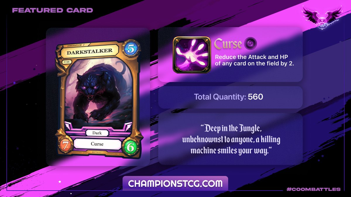 Beware the shadows! The #Darkstalker card brings a touch of darkness to the battlefield. 

With a curse that weakens foes, will you command its power? Only 560 exist! 🌑✨ 

#ChampionsOfOtherworldlyMagic #RareCard #Collectible'