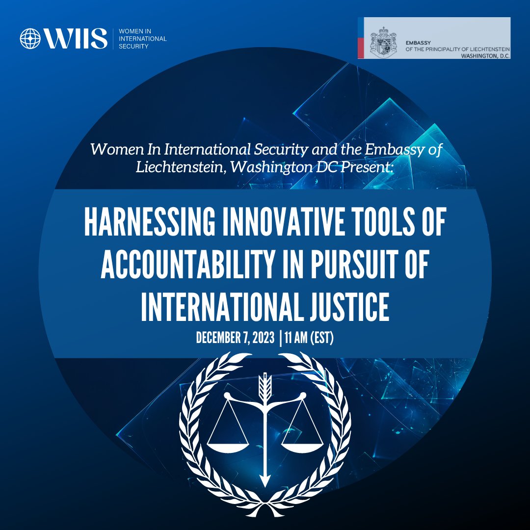 Join WIIS and the Embassy of Liechtenstein tomorrow at 11 AM (EST) for a discussion looking at the current state of international justice, the use of innovative tools to further accountability, and the integration of a gendered approach. Register here: ow.ly/C8t650Qg6OK