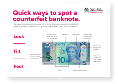 Retail NZ (@retailnz) on Twitter photo Do you know how to spot a fake bank note? The
<a href="/ReserveBankofNZ/">Reserve Bank of NZ</a> has a range of resources for detecting counterfeit cash.
Download and share with your team, to ensure they know what to look for this busy shopping season: bit.ly/3t8IJwf
#CounterfeitCash Do you know how to spot a fake bank note? The
<a href="/ReserveBankofNZ/">Reserve Bank of NZ</a> has a range of resources for detecting counterfeit cash.
Download and share with your team, to ensure they know what to look for this busy shopping season: bit.ly/3t8IJwf
#CounterfeitCash