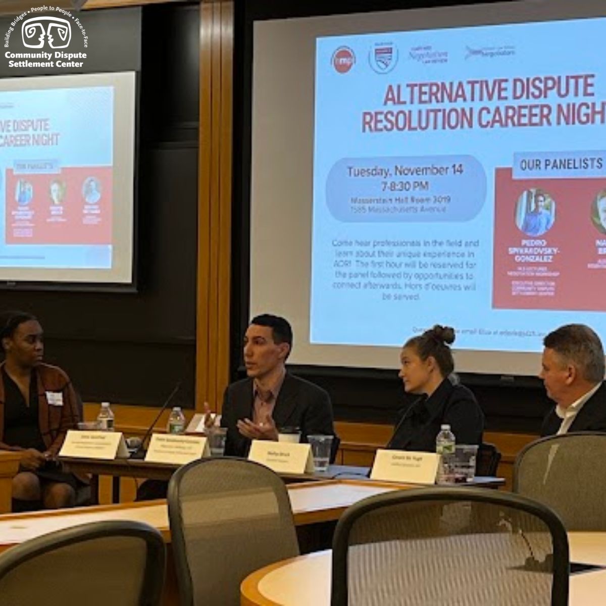 CDSC1979's tweet photo. Our Executive Director @PSpivagon spoke at a panel at @Harvard_Law’s ADR Career Night with Gerard McHugh at @cdint and Nadiya Brock at @essentialprtnrs to tell law students the community about what one career in the ADR field can look like. He was honored to be featured. https://t.co/WxEGKbdCjw