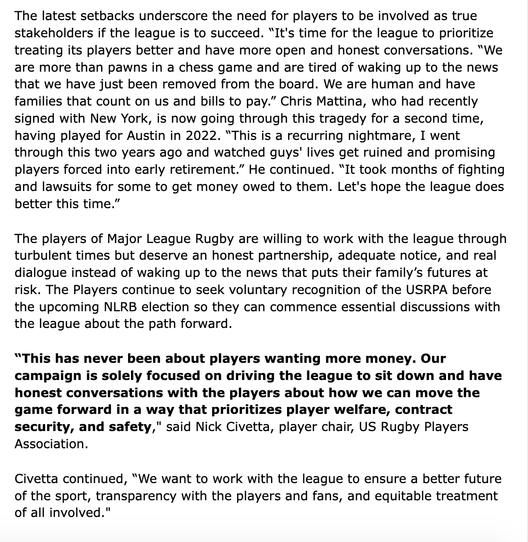 Press release from <a href="/USARugbyPlayers/">USRPA</a> on @USMLR and the news today that <a href="/rugbynewyork/">Rugby New York</a> is no more, so soon after Toronto Arrows also collapsed.