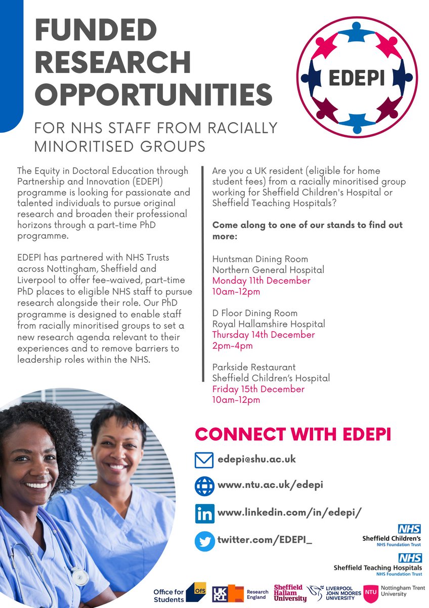 We are offering funded PhD opportunities to <a href="/SheffieldHosp/">Sheffield Hospitals</a> and <a href="/SheffChildrens/">Sheffield Children's</a> NHS Trust staff from racially minoritised groups - come along to one of our information stands next week to find out more!

<a href="/Shef_Research/">STHResearch&Innovation</a> <a href="/sheffhallamuni/">Sheffield Hallam University</a>