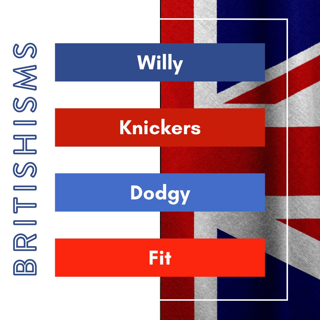 Can you guess the meanings of these Britishisms?

Write your guesses in the comments before expanding this caption for the answers!
.
.
.
.
.
.
Willy: penis
Knickers: underwear
Dodgy: sketchy, weird
Fit: hot, attractive

#Britishism #NewWords #GreatBritain #English
