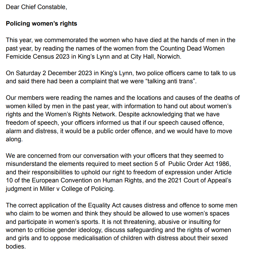 WRNNorfolk's tweet photo. We have written to the Chief Constable about the accuracy of equality, diversity and inclusion training and the adequacy of training on Article 10, the Public Order Act, freedom of assembly and expression within @NorfolkPolice.
#DefendUs #LetWomenSpeak #SexMatters https://t.co/AMDHMnnIeb