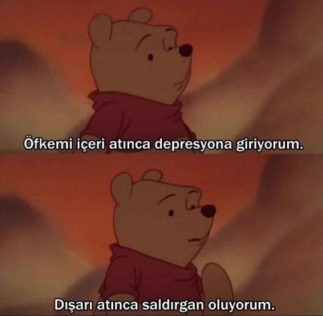''Öfkemi içeri atınca depresyona giriyorum. Dışarı atınca saldırgan oluyorum..'' 

(Winnie The Pooh)