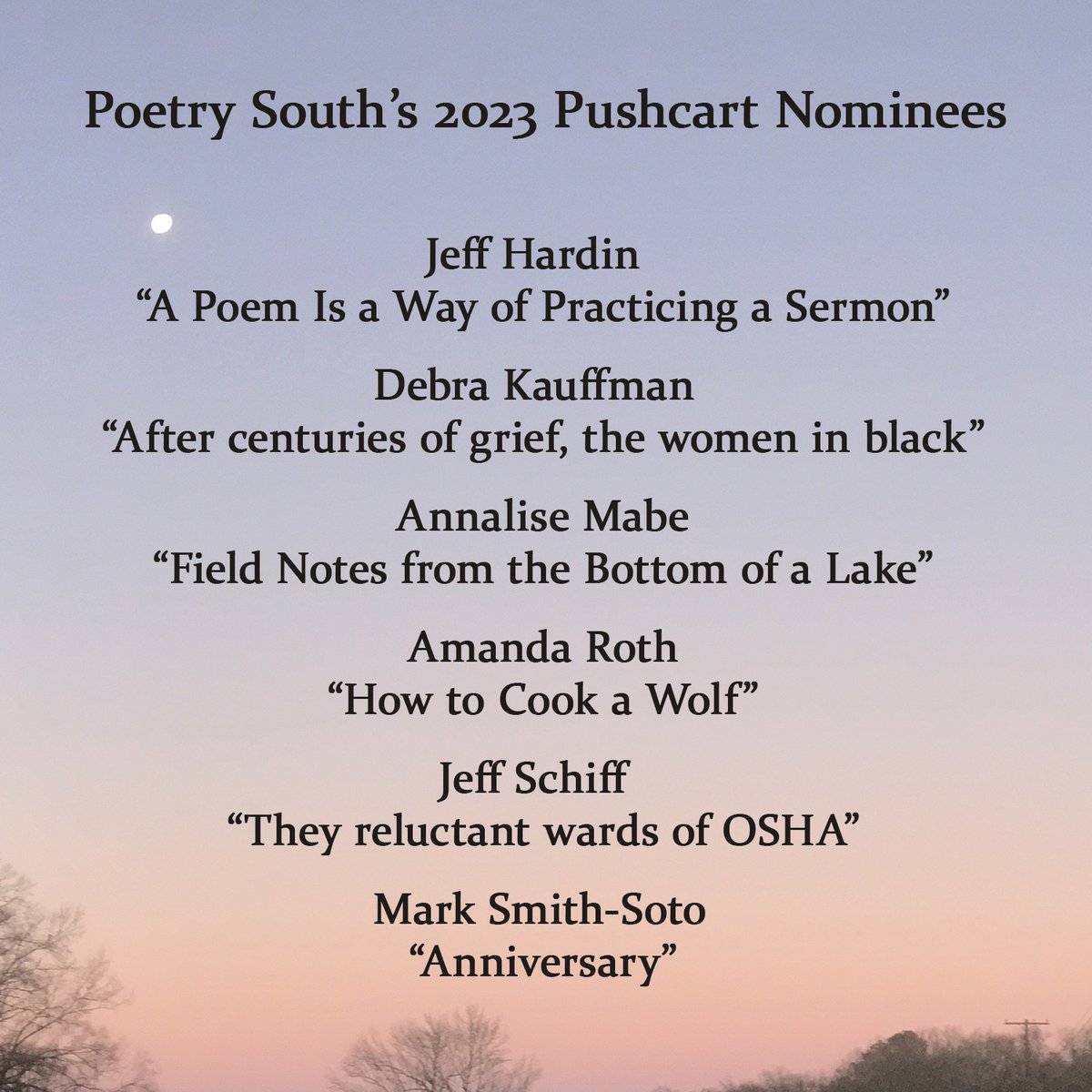 poetry_south's tweet photo. Best of luck to our 2023 #Pushcart nominees. https://t.co/H8Zuo1OEGm