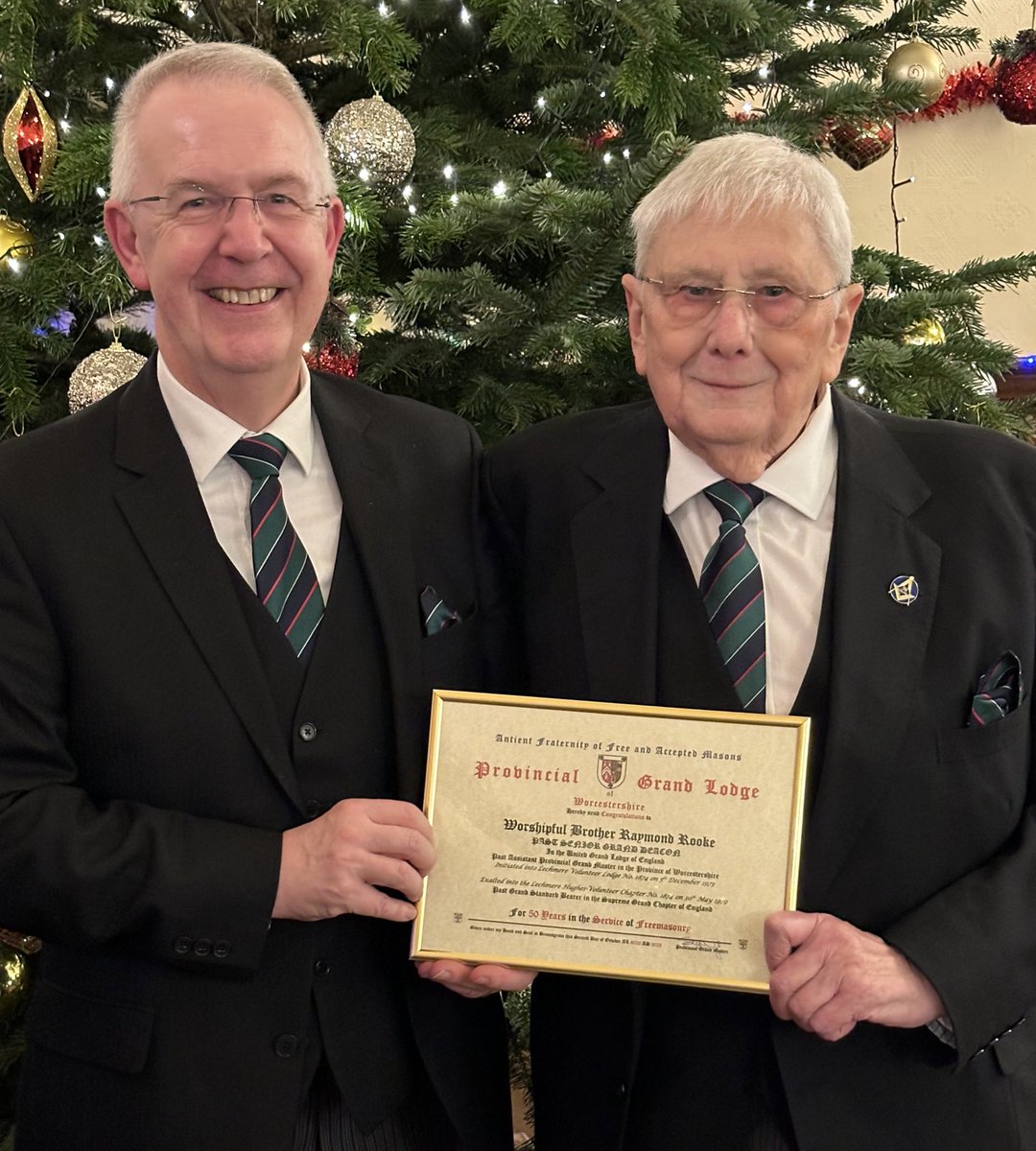 Incredible evening at Lechmere Volunteer Lodge No 1874. Over 100 brethren in attendance to witness W Bro Raymond Rooke receive his 50 years Certificate, presented by our RW PGM @wyer_stephen supported by his DepPGM, PastPGM @rwbrobob, PAsstPGM’s and many more.